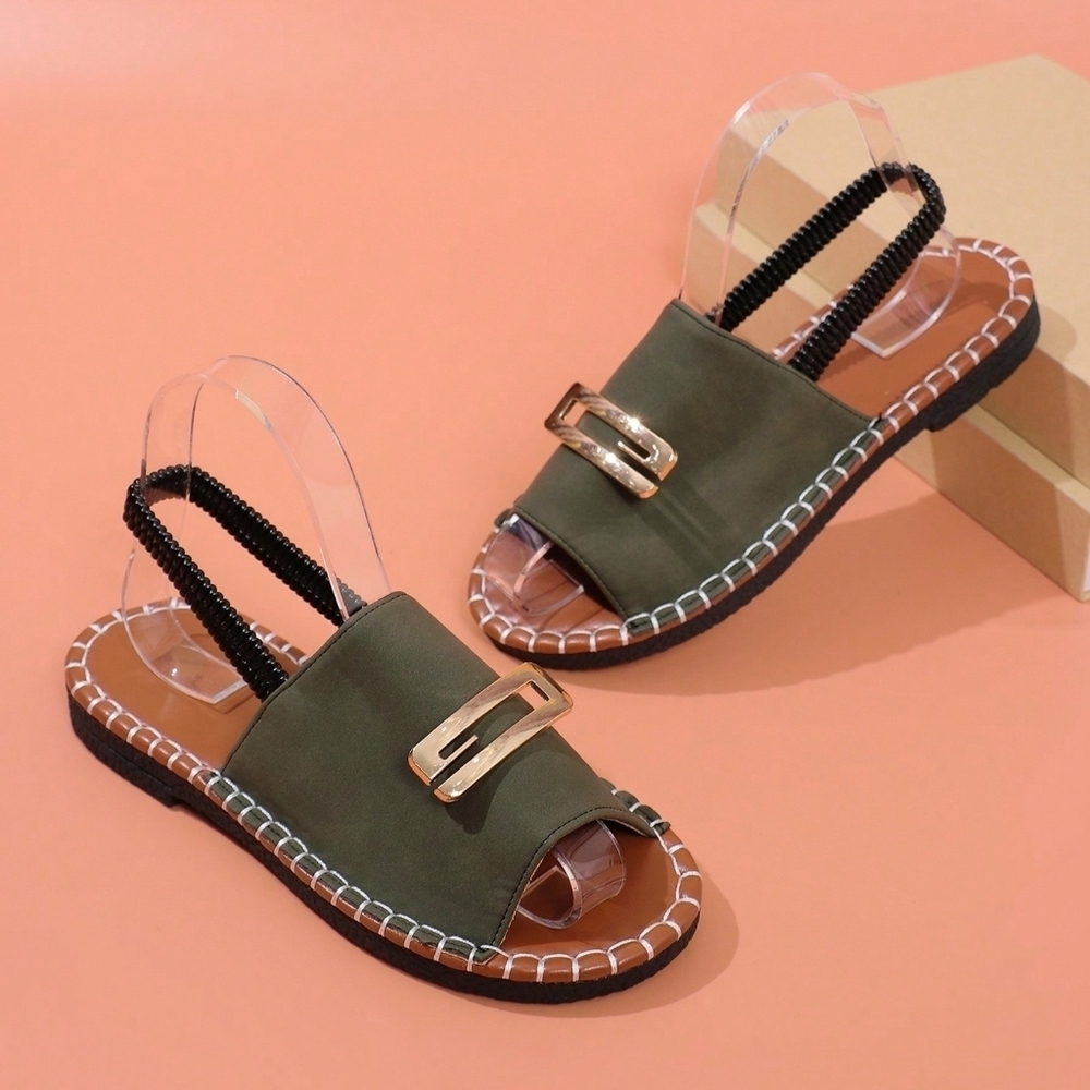 Women Flat Sandals Buckle Elastic Ladies White Open Toe Flat Slipper Pure Color - Picture 4 of 6